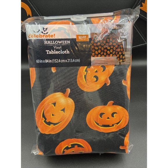 Celebrate Halloween Pumpkins Vinyl Tablecloth 60 x 84 Black Orange NEW - Picture 1 of 5